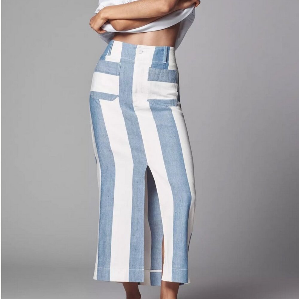 Anthropologie The Colette Linen Blend Maxi Skirt by Maeve Blue Stripe size XL